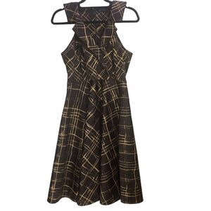 Lattori Wm’s Sz 6 Brown & Gold Fine Plaid Crepe Fit & Flare Collared Midi Dress